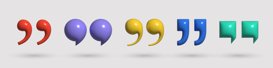 3d quotation mark set. Trendy color collection of realistic quote icon