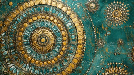 Teal and gold mandala abstract painting close up