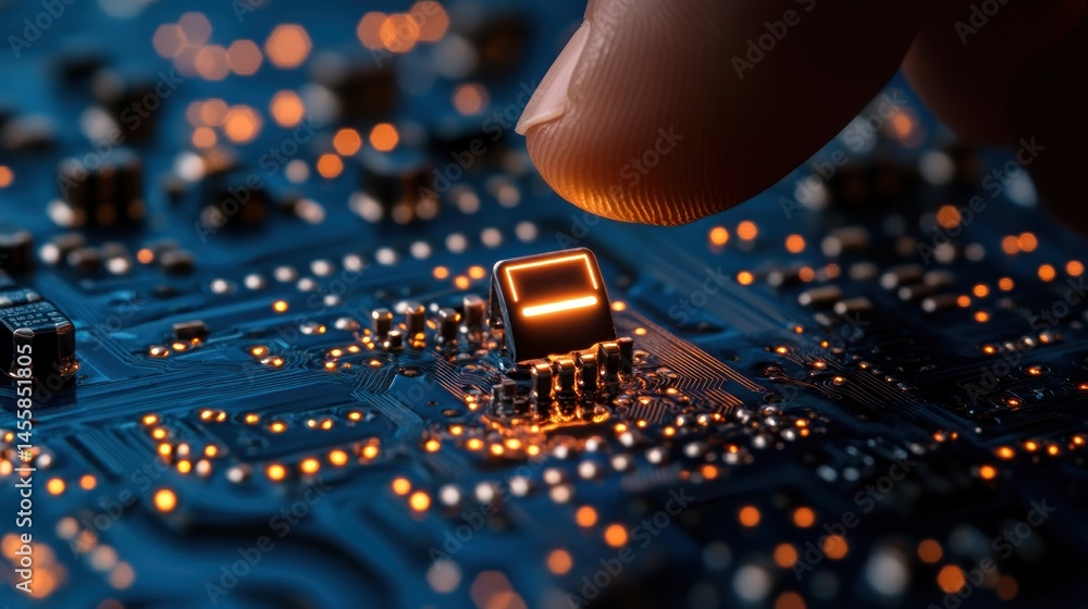 Poster close-up of a fingertip touching a glowing component on a circuit board. detailed view of electronic