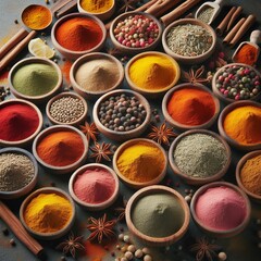 Aromatic assortment of whole spices arranged in small wooden bow