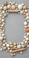 Arranged natural objects create a decorative frame with various seashells, pebbles, and pieces of driftwood on a textured gray surface for artistic purposes. Copy space