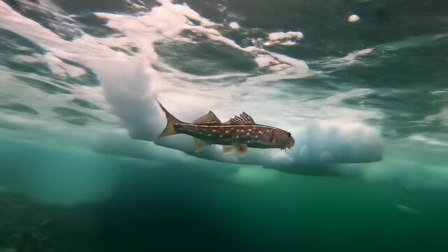 Underwater scene showcasing a spotted fish swimming beneath the icy surface in a serene ocean environment - sea wolf fish