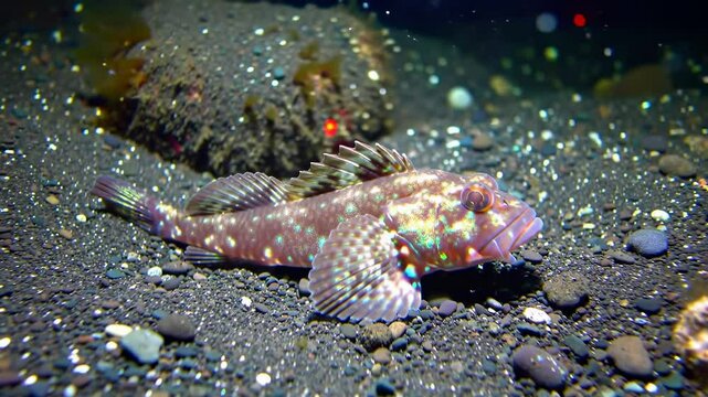 Colorful fish resting on the sandy ocean floor, surrounded by pebbles and shimmering lights in the water - sea wolf fish
