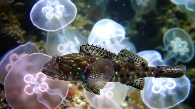 Vibrant underwater scene featuring a colorful fish swimming among glowing jellyfish in a serene ocean - sea wolf fish