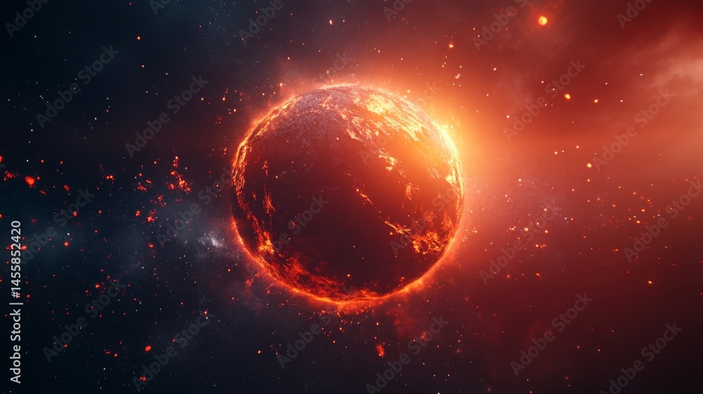Canvas Prints fiery planet with bright orange glow and glowing particles in space