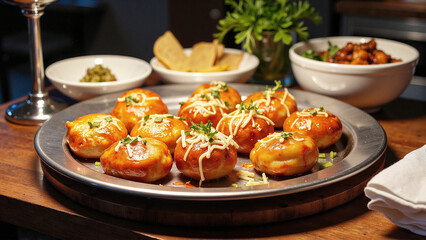 Delicious appetizers: Glazed dumplings on a metal platter, topped with cheese and herbs, surrounded by other dishes on a wooden table.