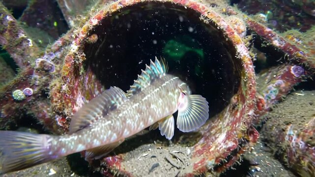 Underwater scene showcasing a fish exploring a rusted pipe in a sunken shipwreck with marine life - sea wolf fish