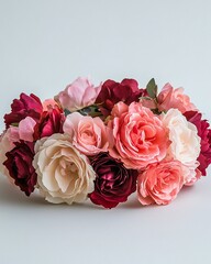 Beautiful floral crown featuring assorted roses in shades of pink and red arranged on a neutral background