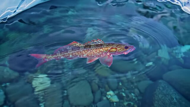 Colorful fish swimming gracefully in clear water, surrounded by pebbles and gentle waves - sea wolf fish