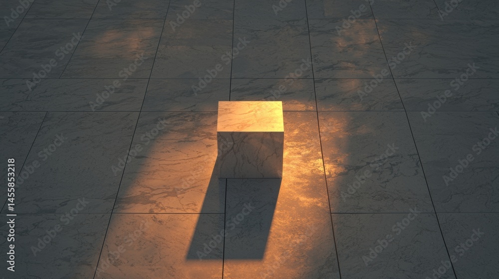 Poster a cube of marble sits in the center of a tiled floor, casting a shadow on the floor.