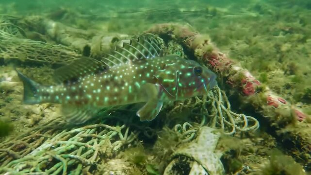 Colorful fish swimming among submerged debris in a vibrant underwater ecosystem - sea wolf fish