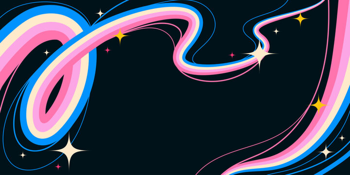 Playful Cartoon Squiggle Wavy Lines and Sparkling Stars on Black Background. Retro cosmic swirls with vibrant movement. Perfect for futuristic prints, party and space themes