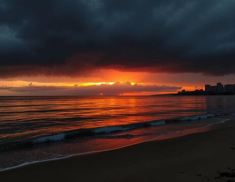 Striking coastal view showcasing a pretty sunset over the ocean, with vibrant colors illuminating the sky and water, as dark clouds add drama to the tranquil scene along the sandy beach.