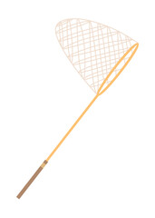 Fish net icon, isolated fishnet and fish scoop. Mesh tool used for catching. Device for safely transferring fish from one container to another or water. Vector cartoon illustration