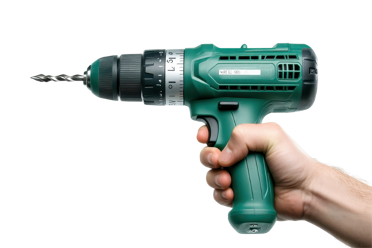 Man hand holding used green cordless drill isolated on white for repair tool design or marketing use
