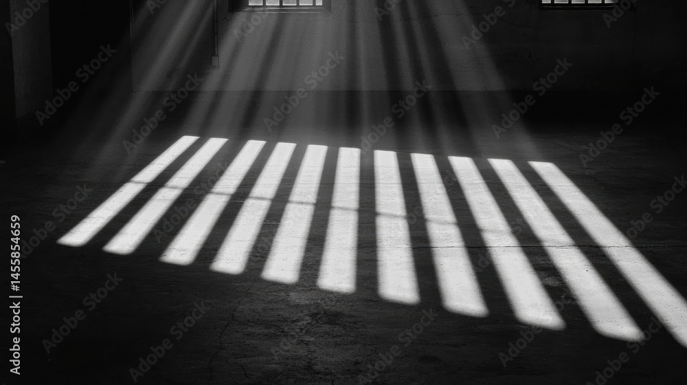 Poster sunlight streams through a window, casting a pattern of parallel lines on the floor.