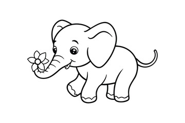 Line art drawing of a baby elephant holding a flower with its trunk.eps