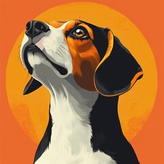 Beagle looking upward against an orange background in a stylized artistic depiction