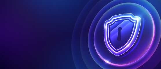 Futuristic glowing shield icon representing cybersecurity or data protection