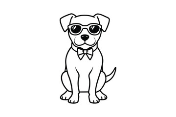 Line art drawing of a dog wearing a bow tie and aviator sunglasses.eps