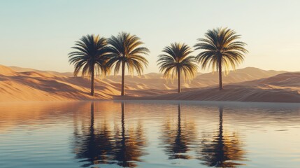Obraz premium Serene Desert Oasis with Palm Trees and Calm Water Reflection