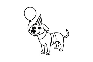 Line art drawing of a dog with a party hat and a bone-shaped balloon.eps