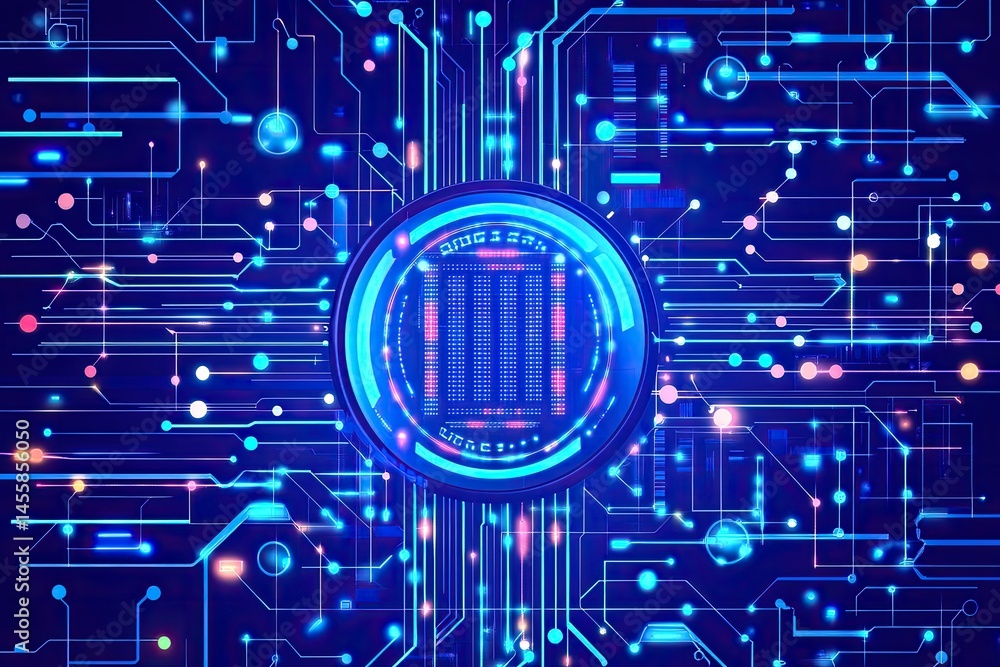 Poster abstract digital circuit design with a central, glowing, blue token-like object. intricate network o