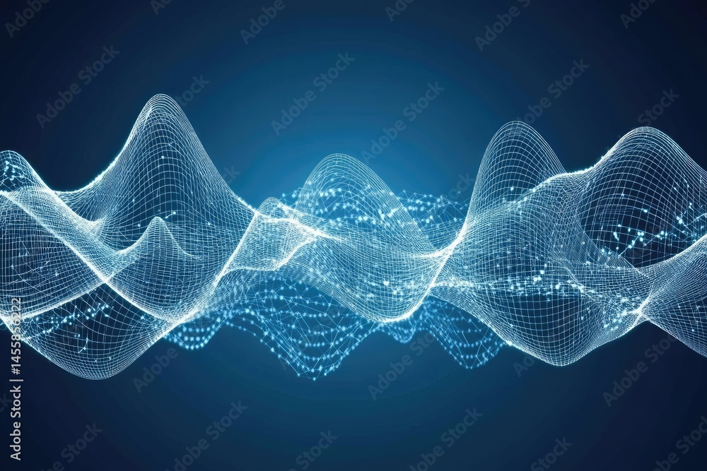 Poster abstract wave design with a mesh pattern in light blue, on a dark blue background. a network of conn