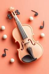 Fototapeta premium Pastel-colored violin, music notes, and small spheres on a peach background. A decorative and playful representation of music