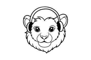 Line art drawing of a lion cub wearing headphones.eps
