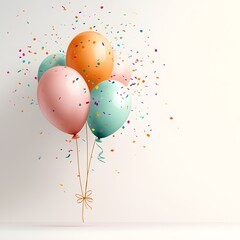 Vibrant floating balloons in a variety of pastel colors surrounded by a shower of celebratory confetti against a clean white background