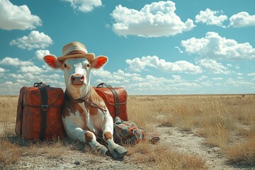 Cow resting with vintage suitcases on a sunny day in an open field under a blue sky