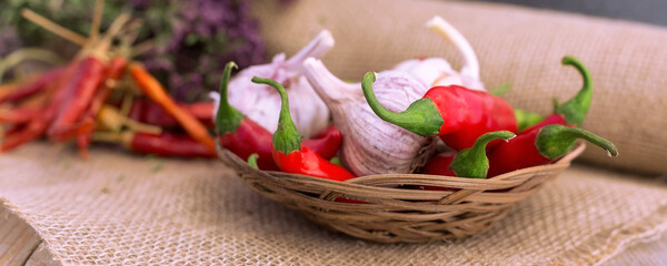 garlic, green and red hot chili peppers