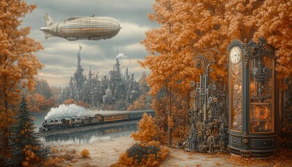 Steampunk city by a river, with airships, train, and clock. Autumnal colors