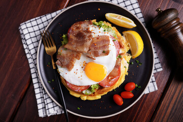Fried Egg and Pork Waffles Food in a black plate on a wooden table