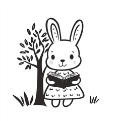 Obraz premium Adorable Bunny in Dress, Reads Book Beneath a Tree, Peaceful Scene, Black and White Illustration