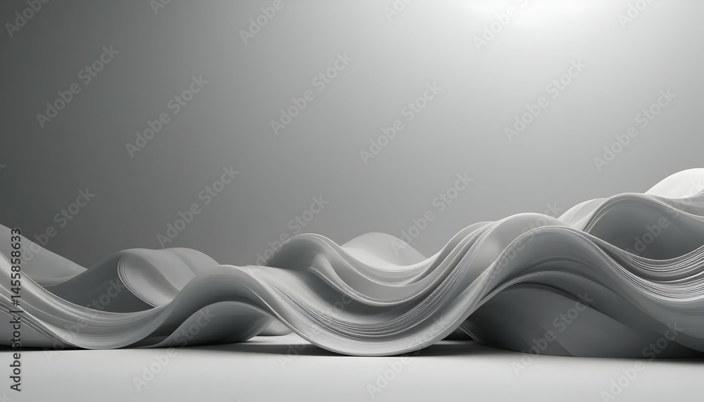 Poster abstract 3d rendering of flowing white waves, elegant minimalist design, modern art background