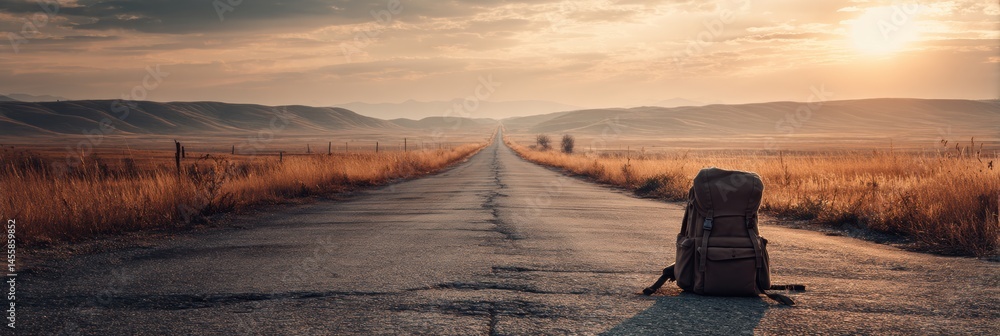 Poster open road stretches into the horizon with a backpack resting beside it at sunset in a tranquil lands