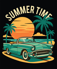 Summer Time Convertible Car with Sunset and Palm Trees Retro  vector art t shirt design, summer t shirt design , ai generated
