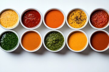 Variety of colorful sauces arranged neatly in bowls, showcasing diverse flavors and textures for culinary enthusiasts