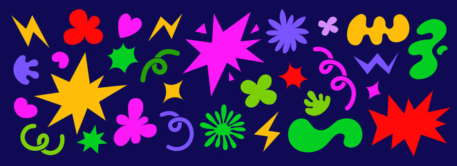 Abstract colorful shapes illustrations set. Retro cartoon style. Groovy funky clouds, flowers and bubbles shapes. Stars, loops and waves. Vector elements collection