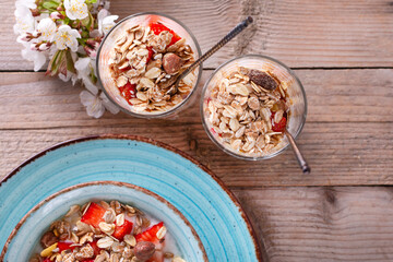 Fresh Strawberry yogurt and muesli bowl still-life