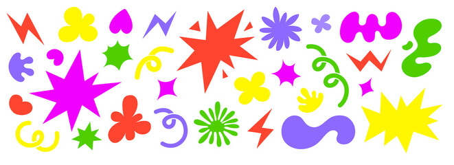 Abstract colorful shapes illustrations set. Retro cartoon style. Groovy funky clouds, flowers and bubbles shapes. Stars, loops and waves lements collection