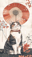 Cat sitting proudly beneath a red and white parasol surrounded by floral elements in a serene setting