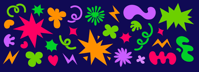 Fototapeta premium Abstract colorful shapes illustrations set. Retro cartoon style. Groovy funky clouds, flowers and bubbles shapes. Stars, loops and waves. Vector elements collection