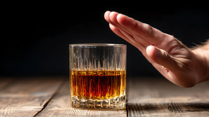 A Hand Gesturing "Stop" Towards a Glass of Whiskey on a Wooden Table Against a Dark Background
