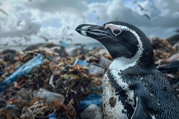 Naklejka premium Penguin Facing Environmental Challenge Amidst Plastic Waste