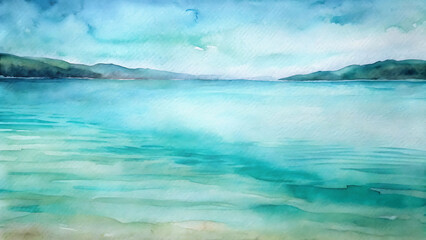 Serene Watercolor Landscape Tranquil Ocean and Coastal Hills