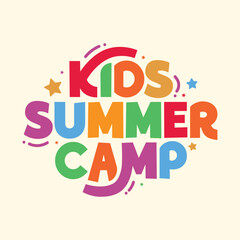 Kids Summer camp colorful typography vector illustration. Summer hand drawn lettering greeting card. Summer camp logotype sticker for poster, template, flyer, t shirt print.
