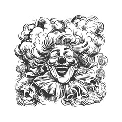 Obraz premium Clown Face With Cloud Hair And Lollipops Black And White Silhouette Illustration. Whimsical And Surreal Imagery Isolated Vector Illustration